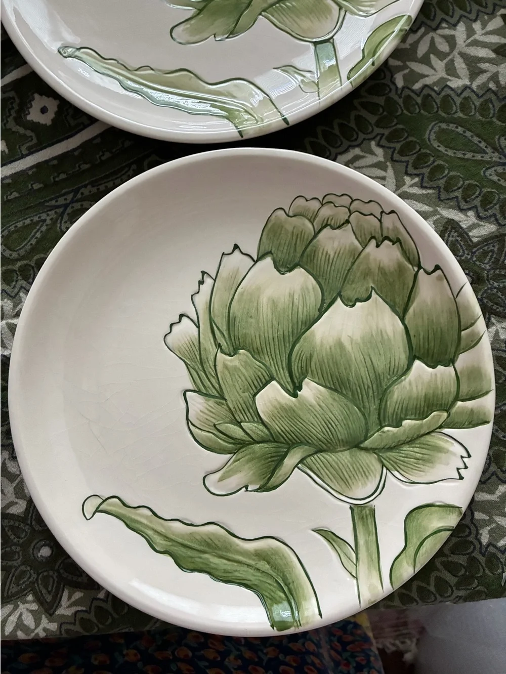 Pottery Barn Handpainted Artichoke Plates re 2010. Some crazing, no chips,stains